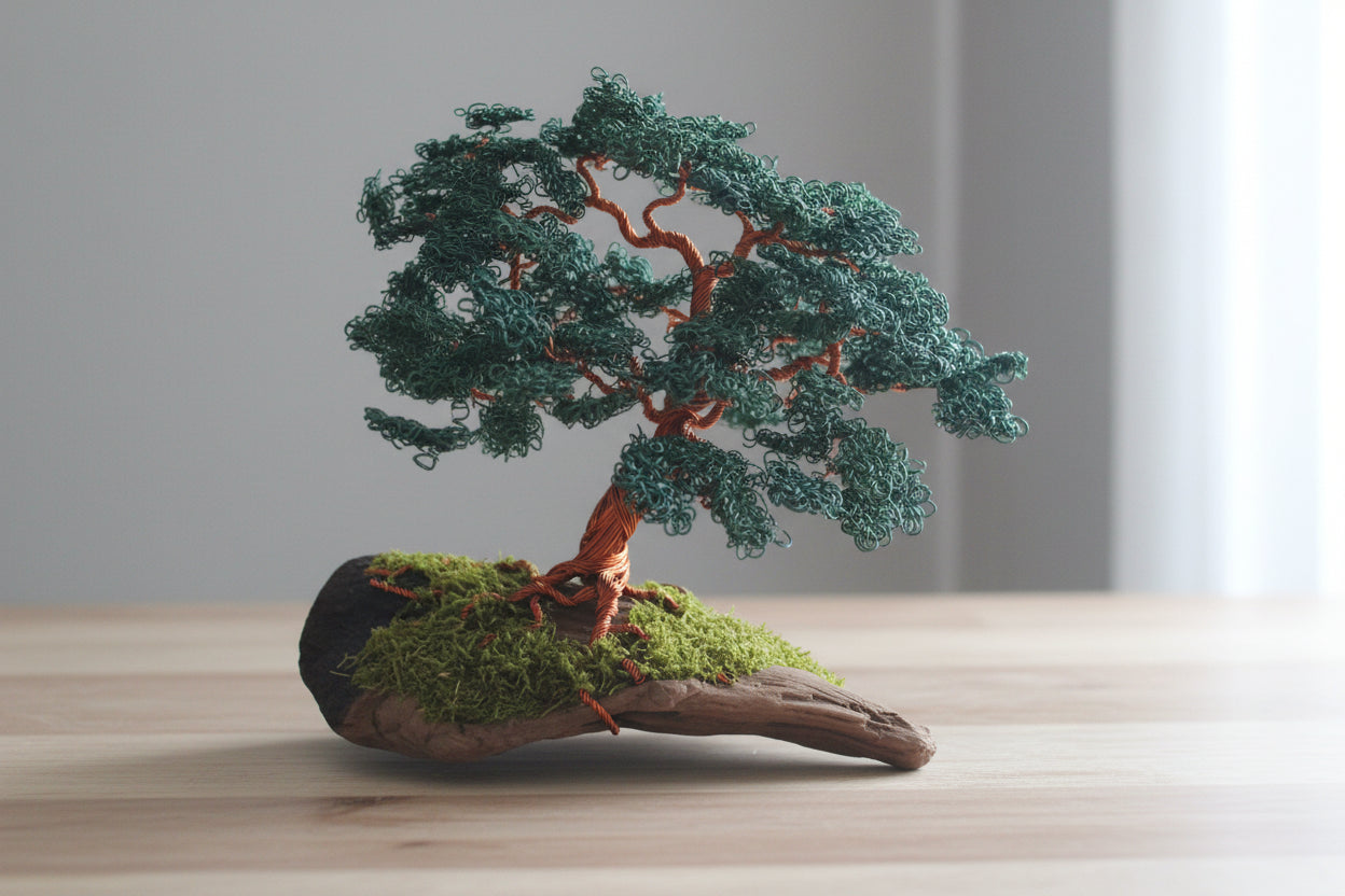 Drahtbaum mit grünen Blättern auf Holz